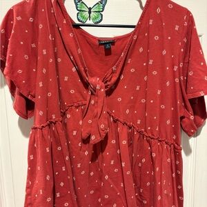 Tie-Front Red Tunic Top with Subtle White Print